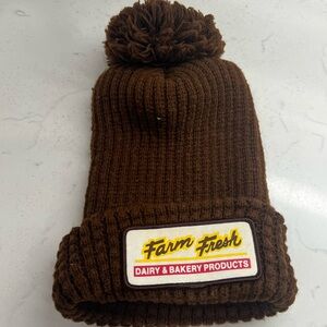 Vintage Brown Beanie Hat With Farm Fresh Dairy & Bakery Products Patch